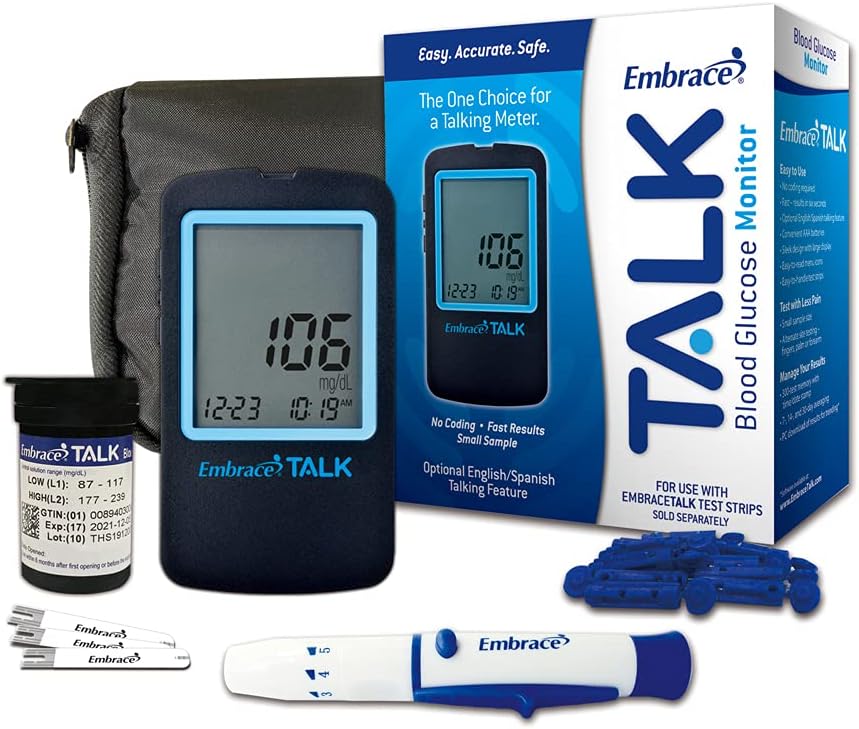 Embrace Talk Blood Glucose Meter with 50 Test Strips and Carrying Case
