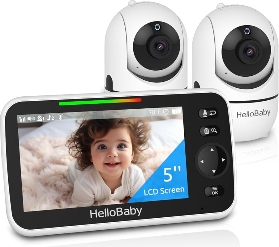 HelloBaby 5-inch Baby Monitor with Two Cameras, 30-Hour Battery, and 1