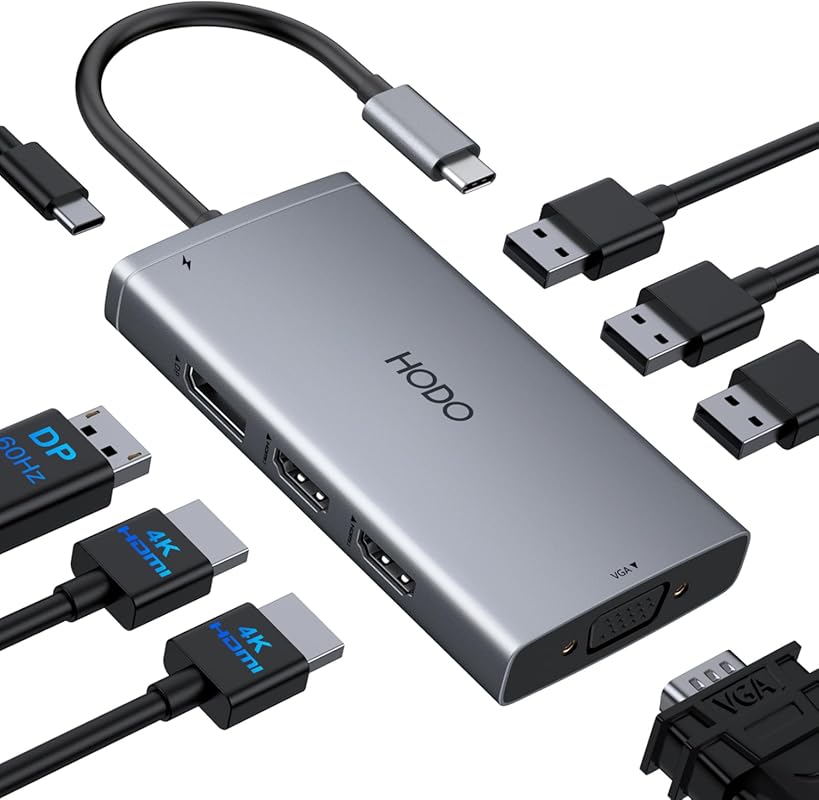 USB C Docking Station for Quad Display with HDMI, DP, VGA, and 100W Charging