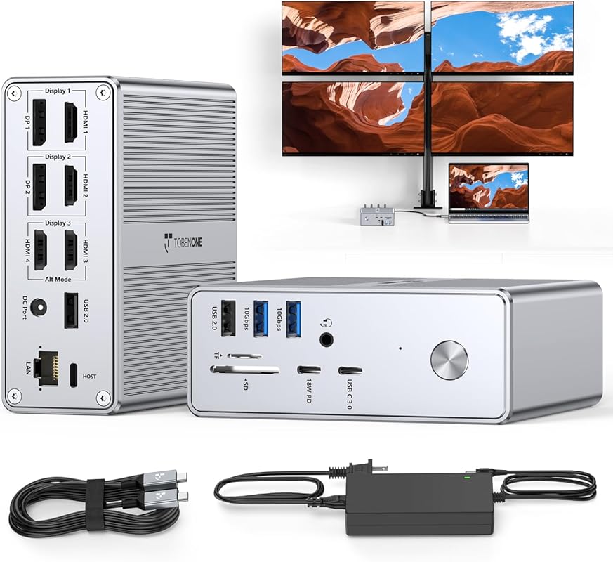 4K Quad Monitor Dock with HDMI, USB-C, and 120W Power for Mac and Wind
