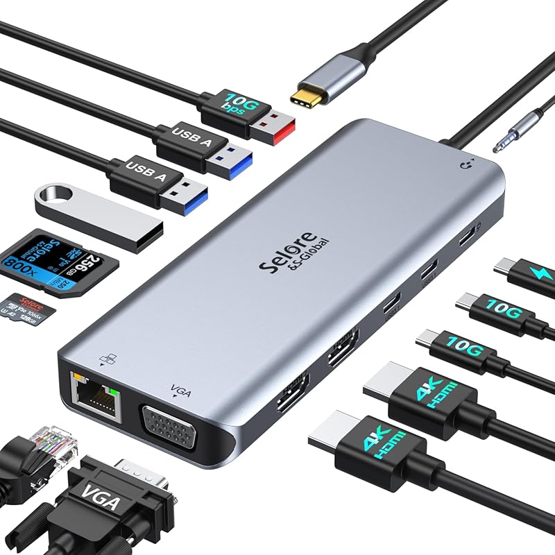 Selore USB C Docking Station Dual Monitor,LaptopDocking Station,14 in 1 Docking Station 3 Monitor