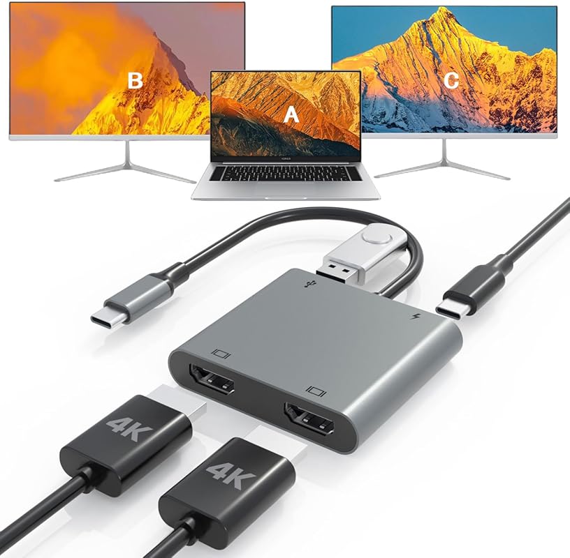 USB C to Dual HDTV Adapter for Dual Monitors, 4K@60Hz, Windows Multi-M