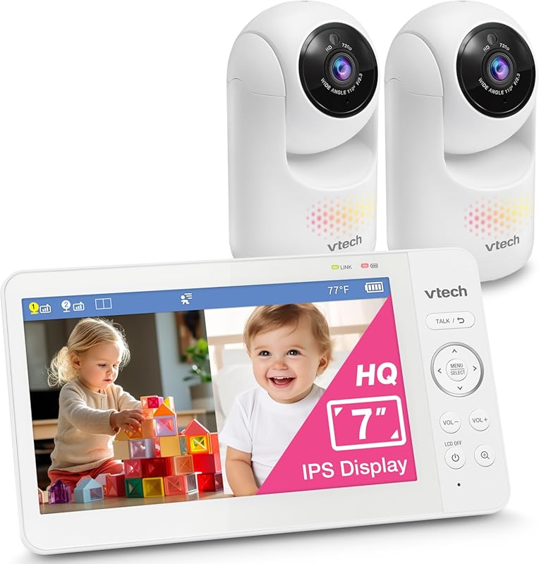 VTech 7” Twin Baby Monitor with 2 Cameras, Pan-Tilt-Zoom, and Long Bat