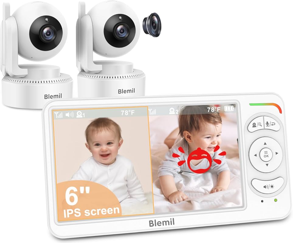 6” Split-Screen Baby Monitor for Twins with 2 Cameras, Night Vision, a