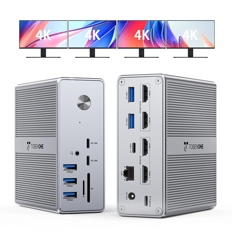 TobenONE DisplayLink Docking Station 4 Monitor with 4 HDMI, 18-in