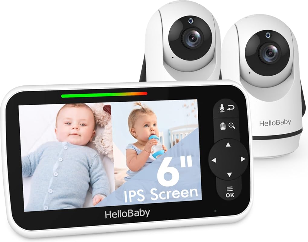 HelloBaby 6” Baby Monitor for Twins with Split Screen, 2 Cameras, and 