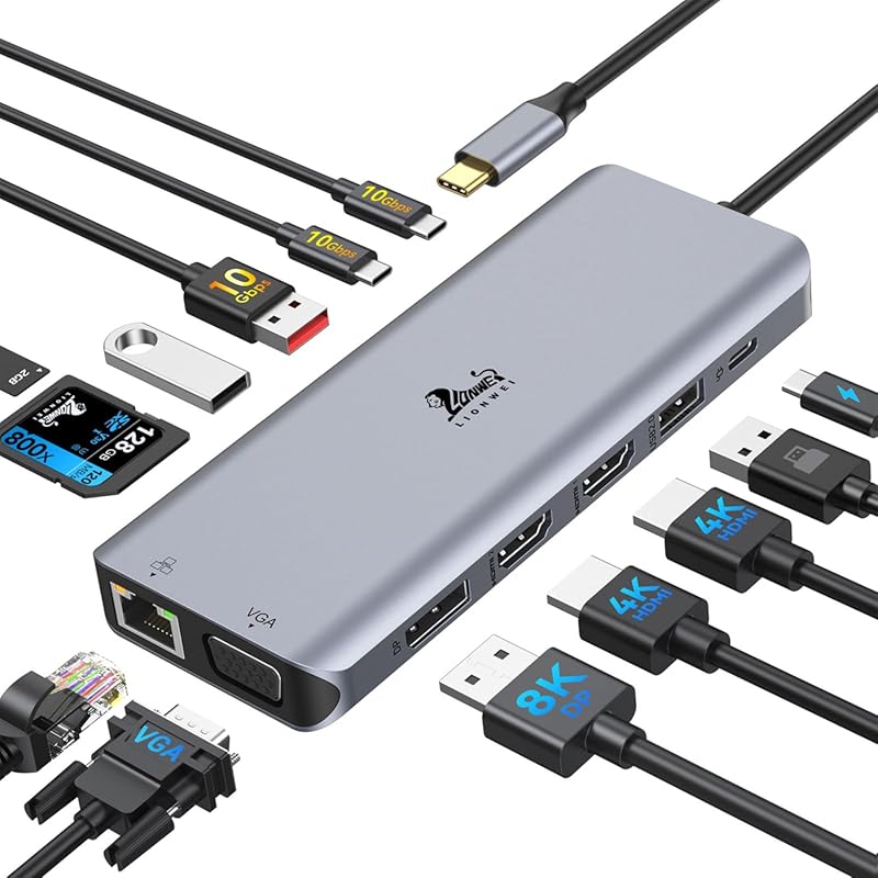 Laptop Docking Station 4 Monitors, Dual HDMI+8K DP+VGA, 10Gbps, 100W P