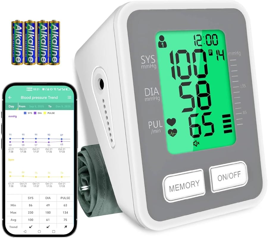 FDA-Cleared Home Blood Pressure Monitor with Large Cuff, App Sync, and