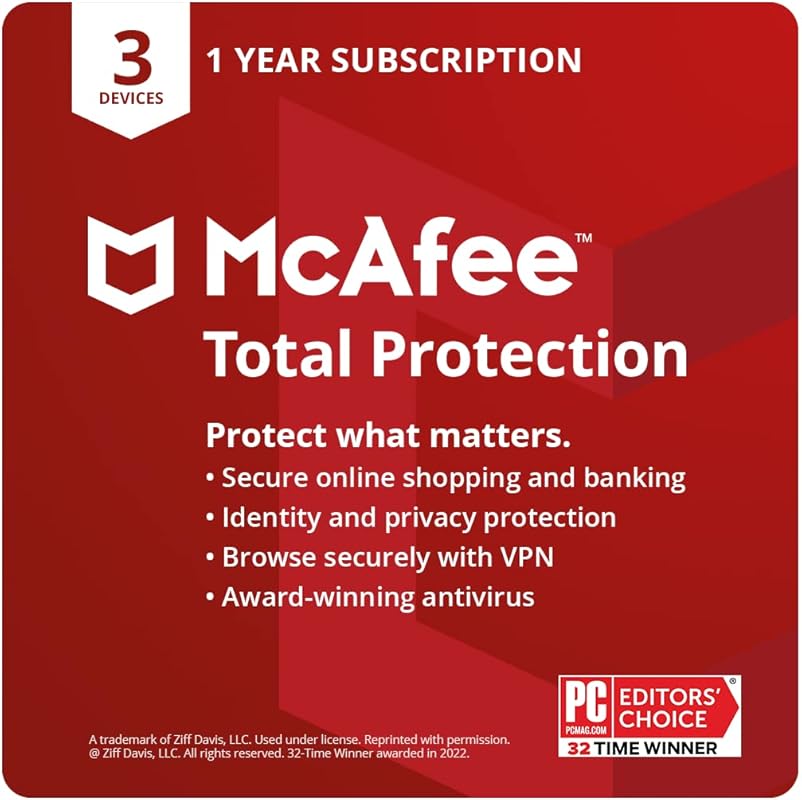 McAfee Total Protection for 3 devices with VPN, dark web monitoring, a