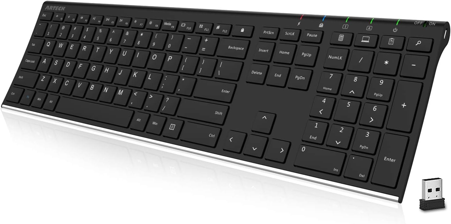 Arteck 2.4G Wireless Slim Keyboard with Rechargeable Battery for Deskt