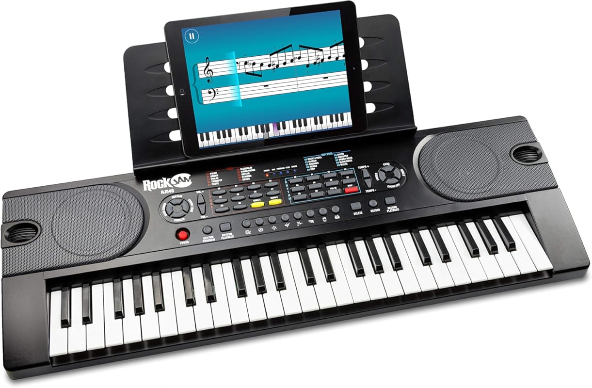 RockJam 49 Key Keyboard Piano,Sheet Music Stand, Piano Note Stickers &