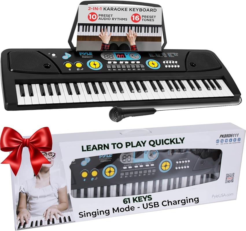 PYLE 61-Key Digital Piano Keyboard for Kids with Drum Pad, Recording, 