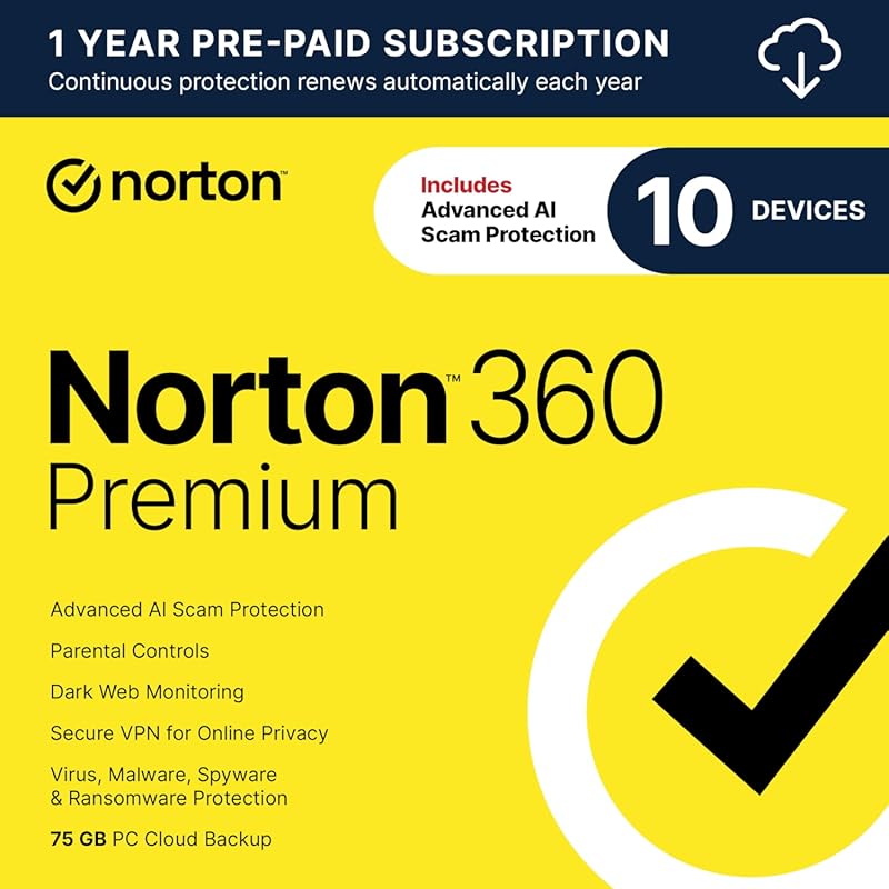 Norton 360 Premium for 10 Devices – Antivirus, VPN, AI Scam Protection