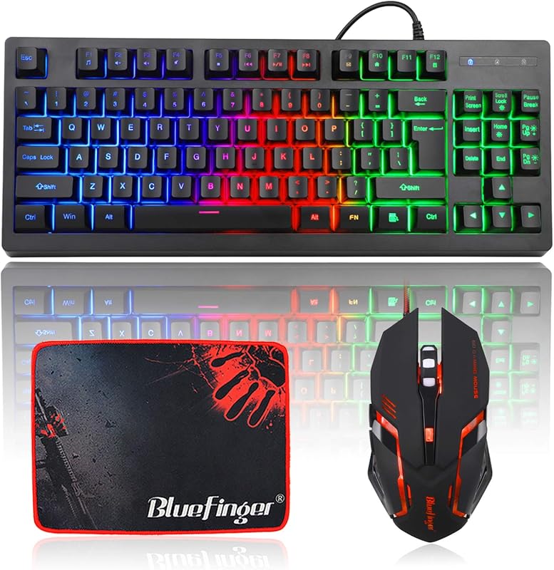 BlueFinger RGB 87-key wired gaming keyboard and backlit mouse combo fo