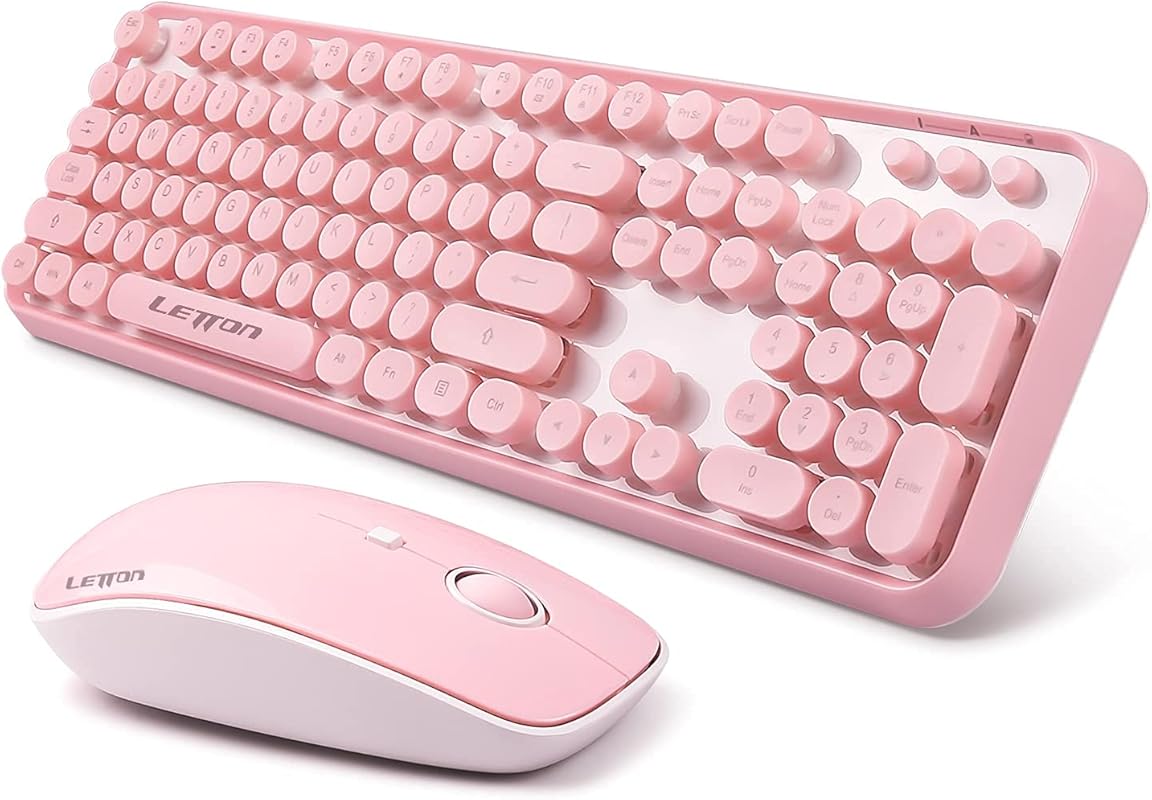 Pink Wireless Keyboard and Mouse Combo with Retro Typewriter Style, Ro
