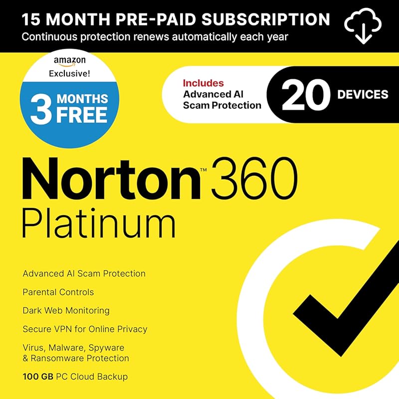 Norton 360 Platinum antivirus for 20 devices with VPN, AI protection, 