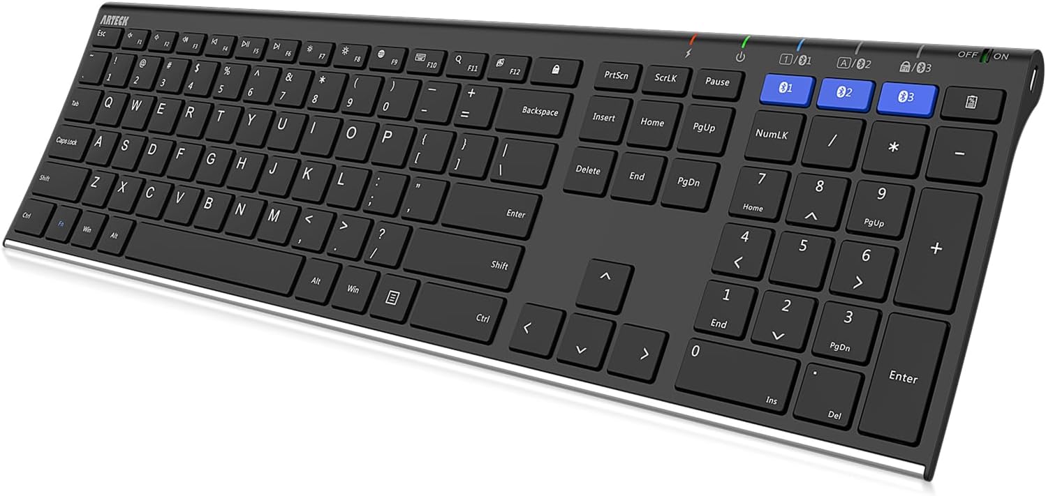 Universal Bluetooth keyboard for multi-device use, full-size, stainles