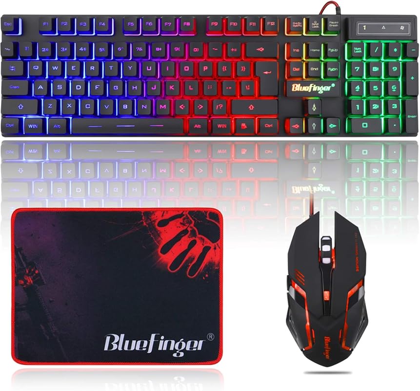 BlueFinger RGB wired gaming keyboard and backlit mouse combo for PC an