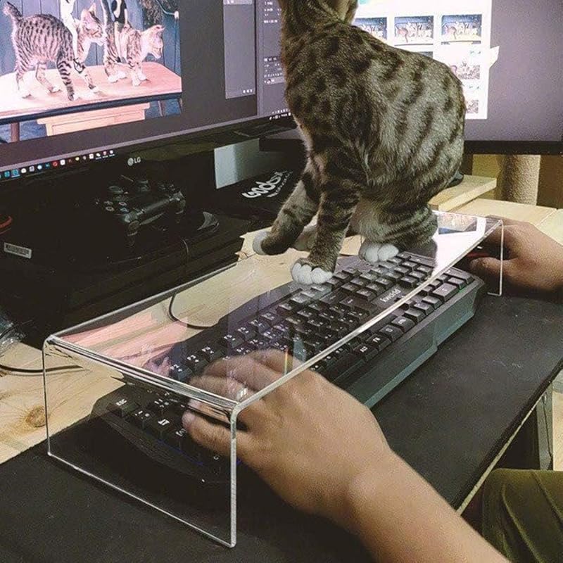 2-in-1 clear acrylic keyboard cover and monitor stand to keep cats awa