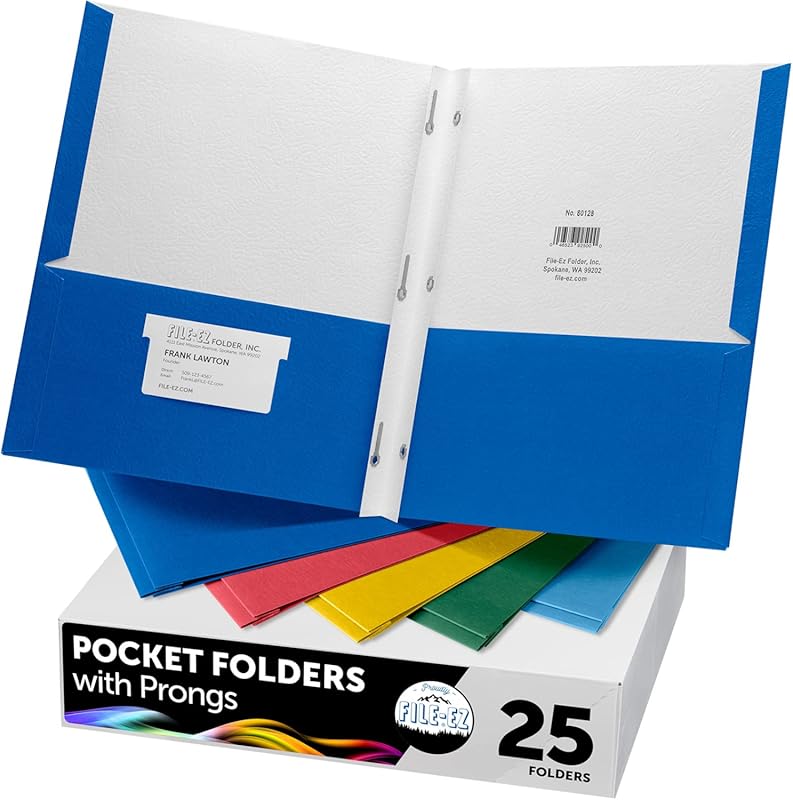 FILE-EZ Two-Pocket Folders with 3-Prong Fasteners, Assorted Colors, 25