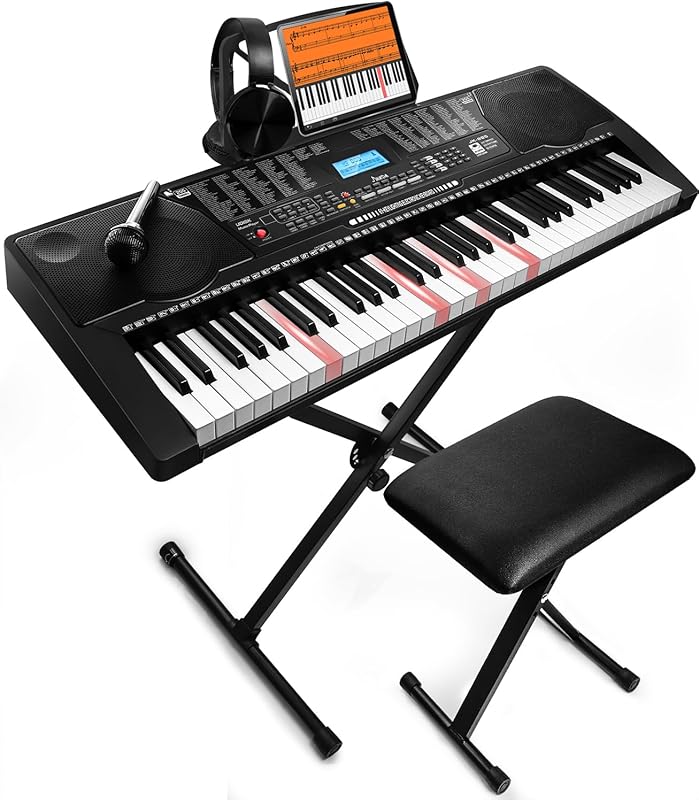 61-Key Portable Electronic Keyboard with Lighted Keys, Stand, and 3 Te