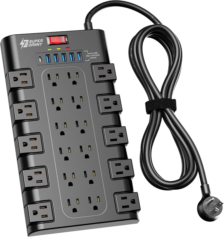 SUPERDANNY surge protector with 22 outlets, 6 USB ports, 2100J protect
