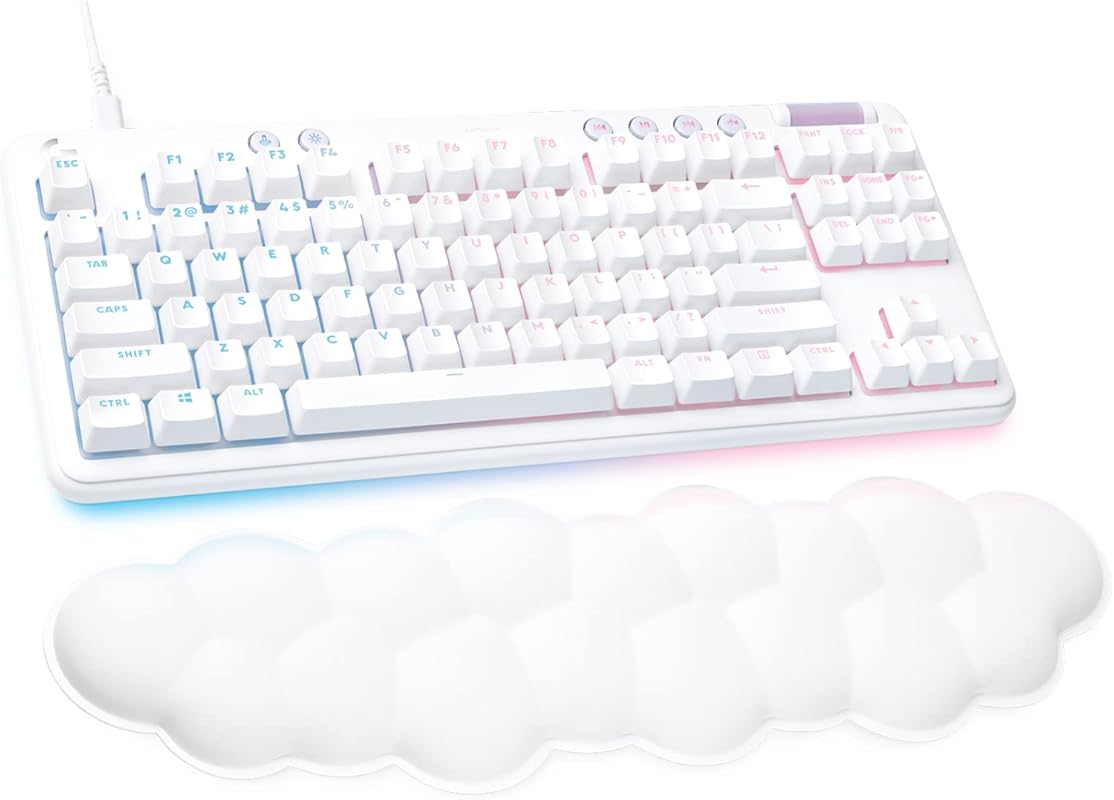 Clicky mechanical gaming keyboard with RGB lighting and palm rest for