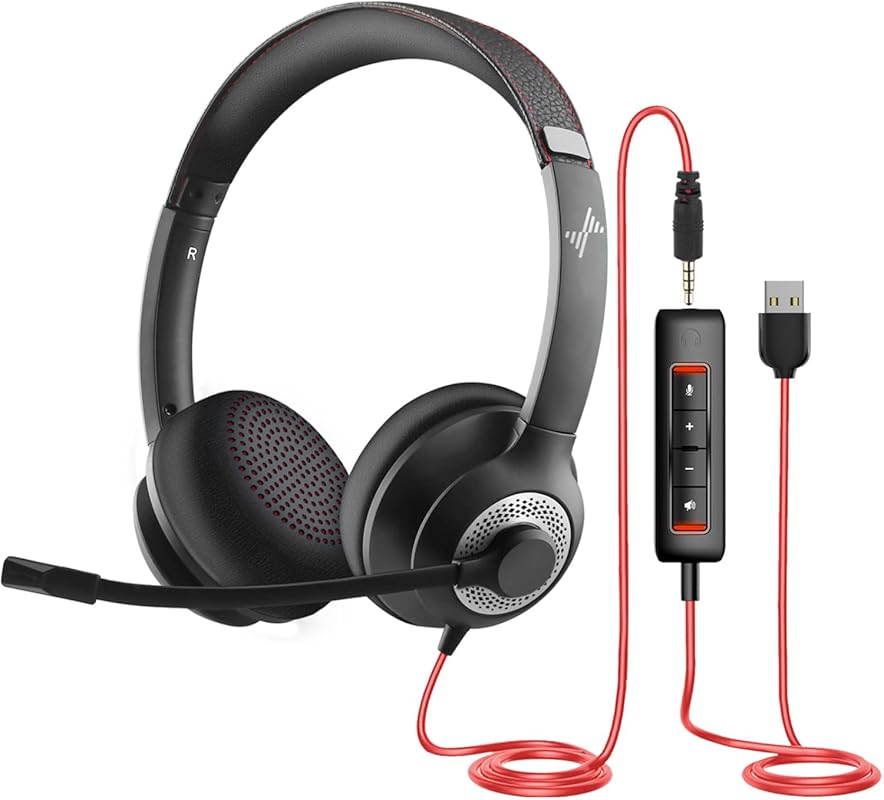 USB headset with noise-canceling mic and in-line controls for PC, lapt