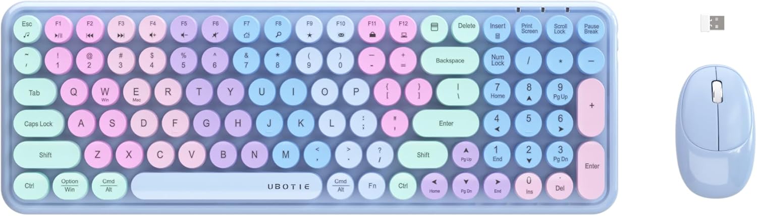Wireless Keyboard and Mouse Combo with Colorful Retro Design and 2.4GH