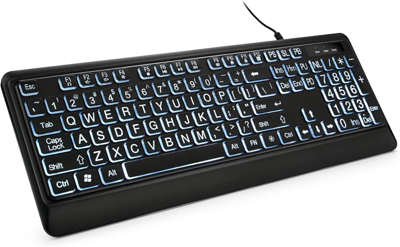Large Print Backlit Keyboard with White LED, USB Wired, Full Size for