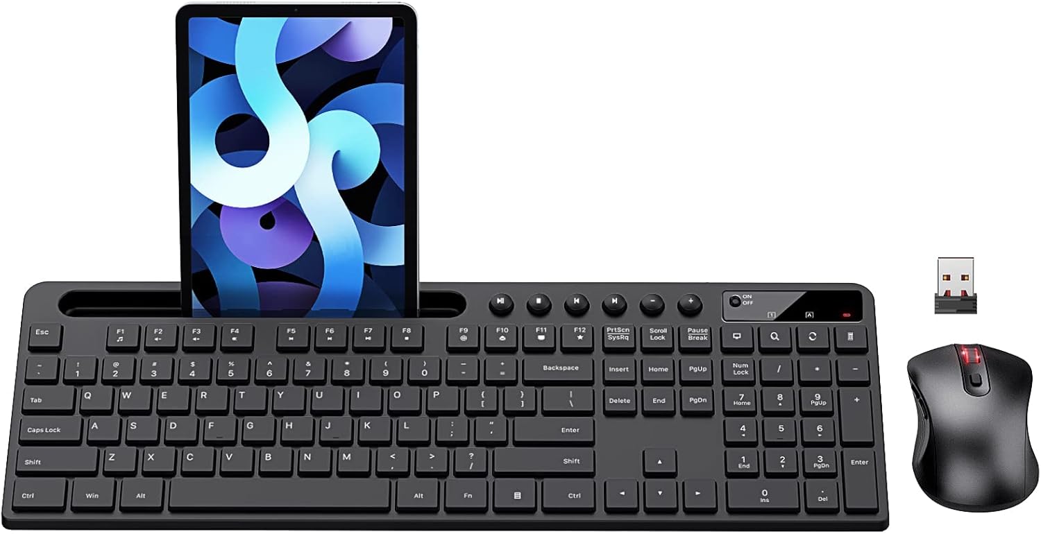 Wireless Keyboard and Mouse Combo with Phone Holder and Silent 6-Butto