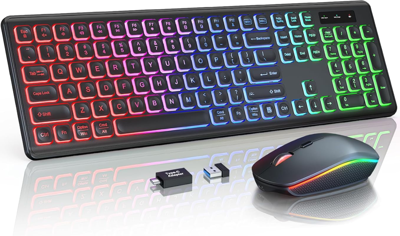 Wireless Keyboard and Mouse Combo with RGB Backlit and Rechargeable Qu