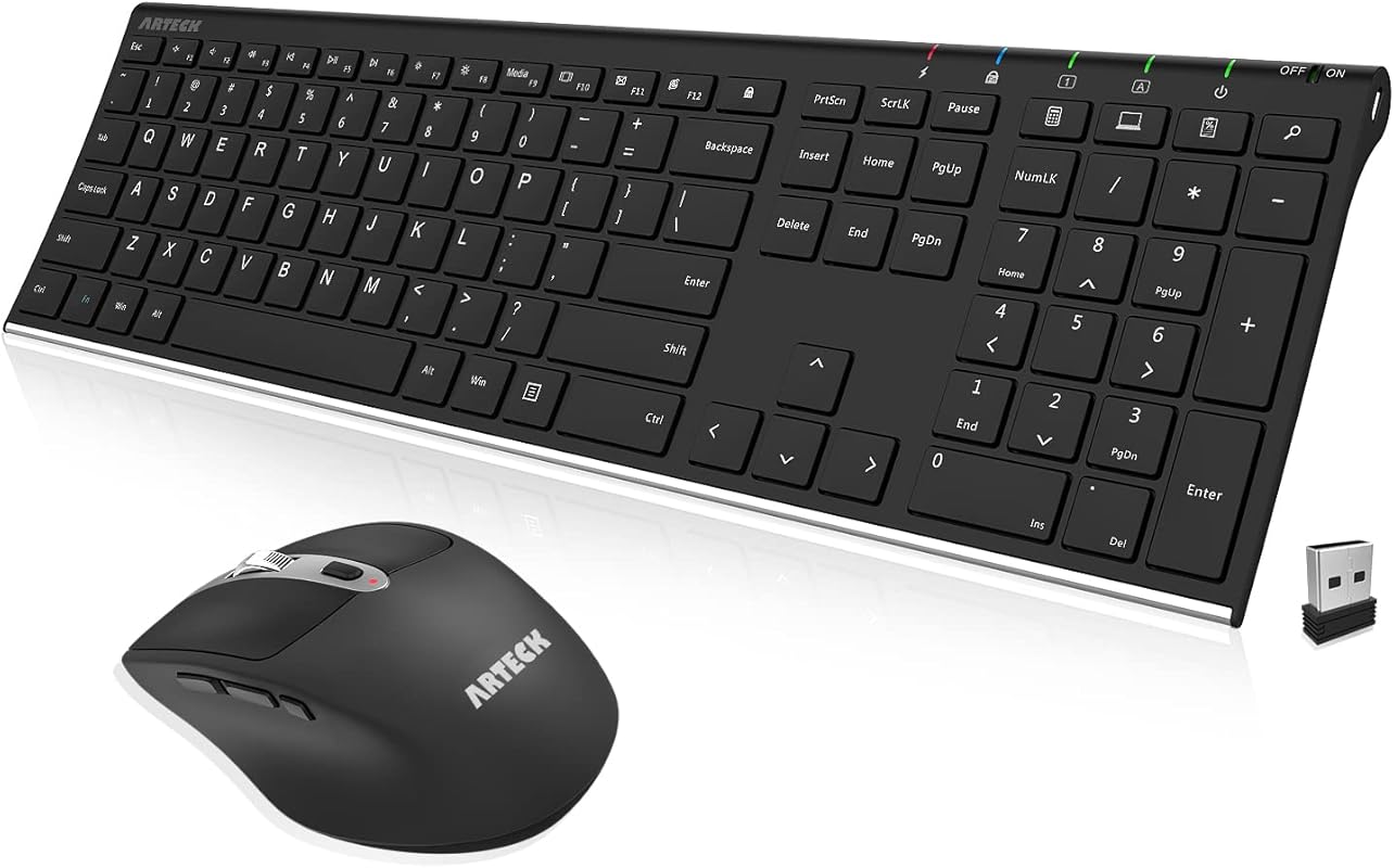 Arteck Wireless Keyboard and Mouse Combo, Full Size Stainless Keyboard