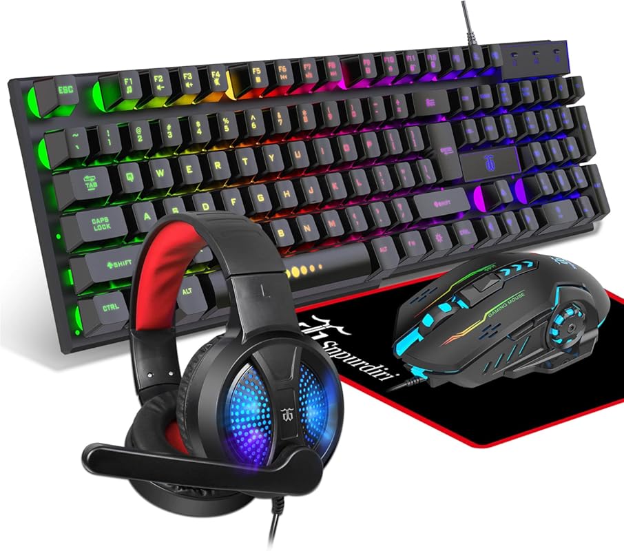 Gaming keyboard, mouse, headphones, and mouse pad all-in-one combo for