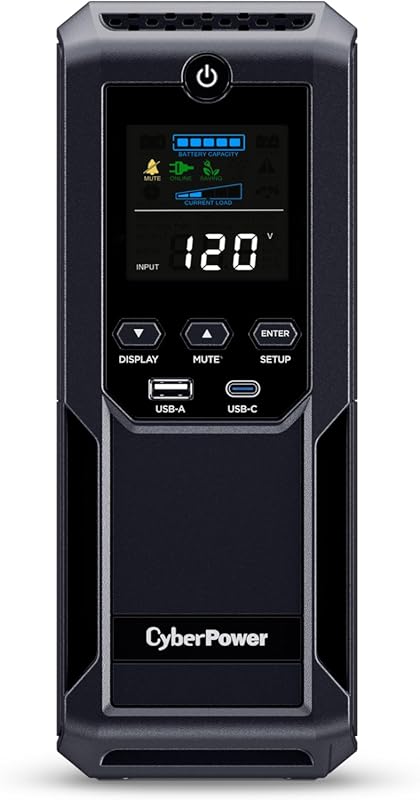 CyberPower 1500VA LCD UPS with 12 outlets, 2 USB ports, AVR, mini towe