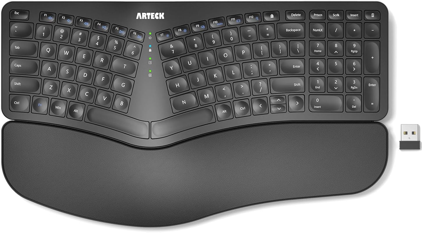Arteck Split Ergonomic Wireless Keyboard with Cushioned Wrist Rest for