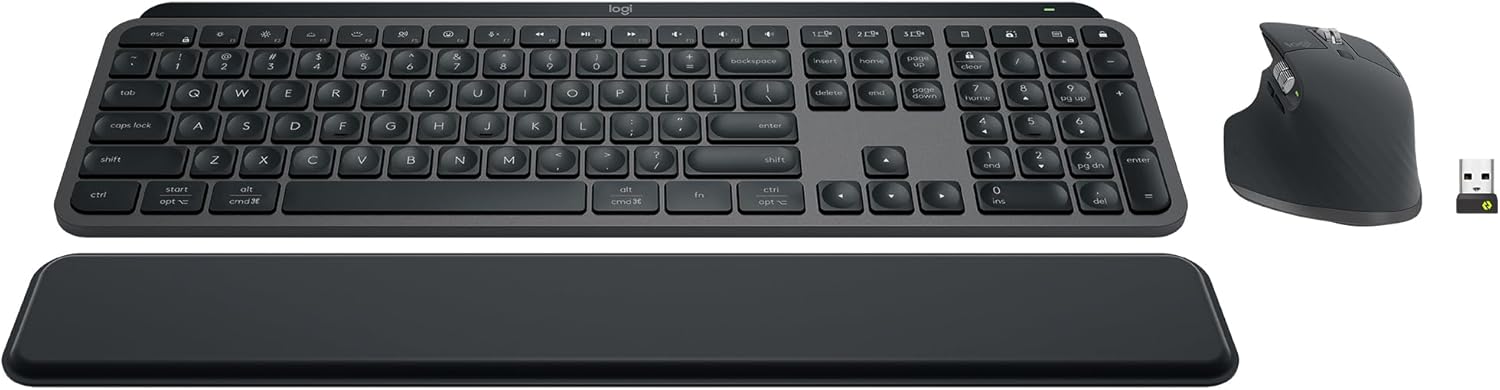 Performance wireless keyboard and mouse with palm rest, customizable b