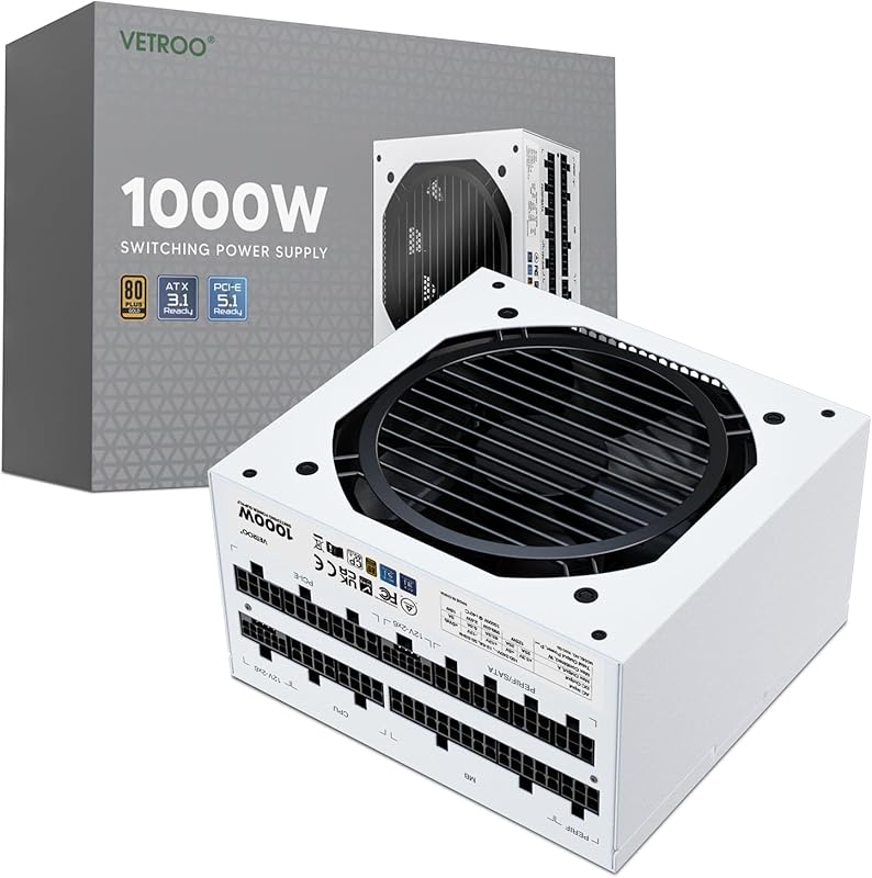 Vetroo 1000W White ATX 3.1 Ready Power Supply with Dual PCIe 5.1 and 1