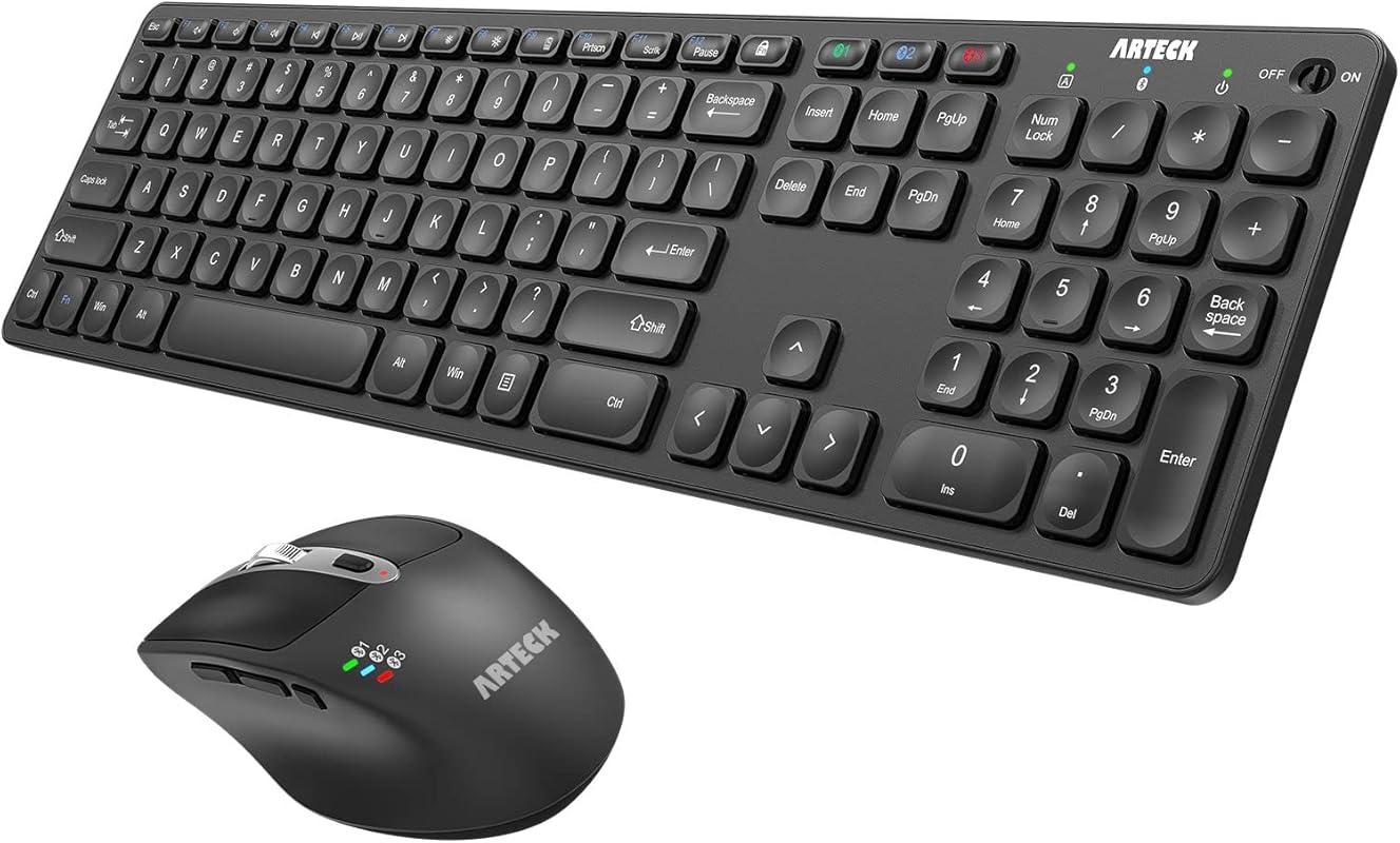 Multi-device Bluetooth keyboard and ergonomic mouse set, full-size, re