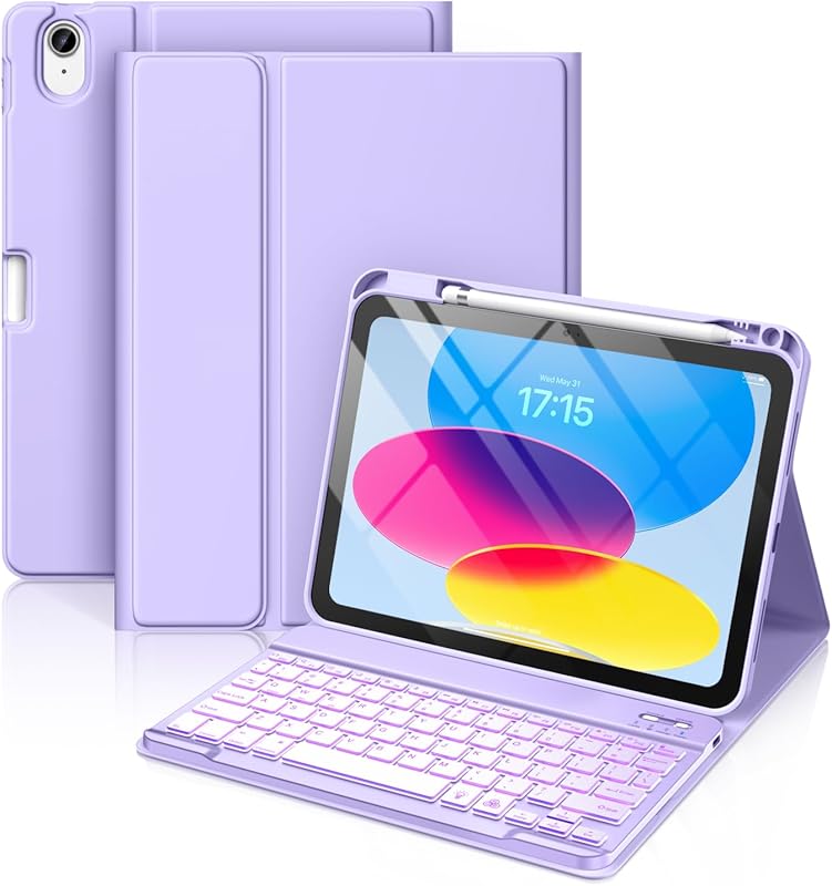 Hamile iPad 11th/10th Gen keyboard case with 7-color backlit detachabl