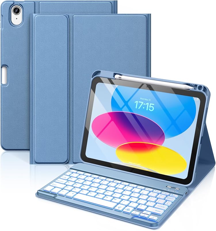 Hamile iPad 11th/10th Gen keyboard case with 7-color backlit detachabl