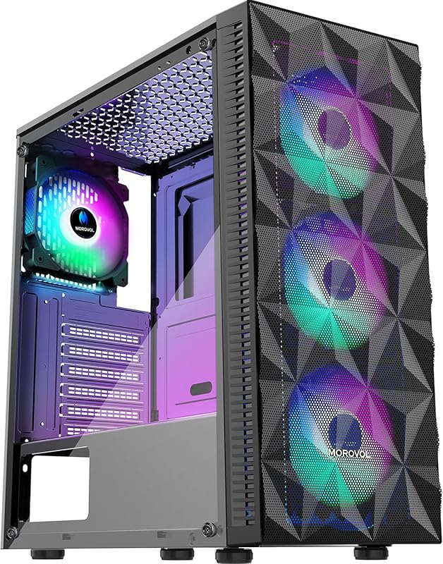 ATX gaming case with diamond mesh front, tempered glass side, and 4 RG