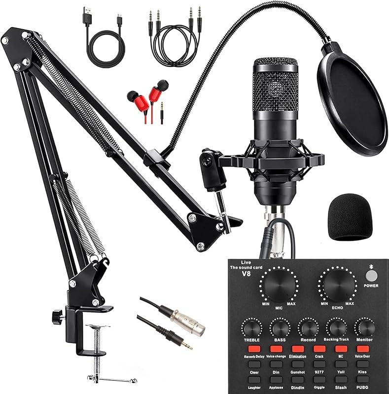 Podcast equipment bundle with BM800 mic, sound card, and voice changer