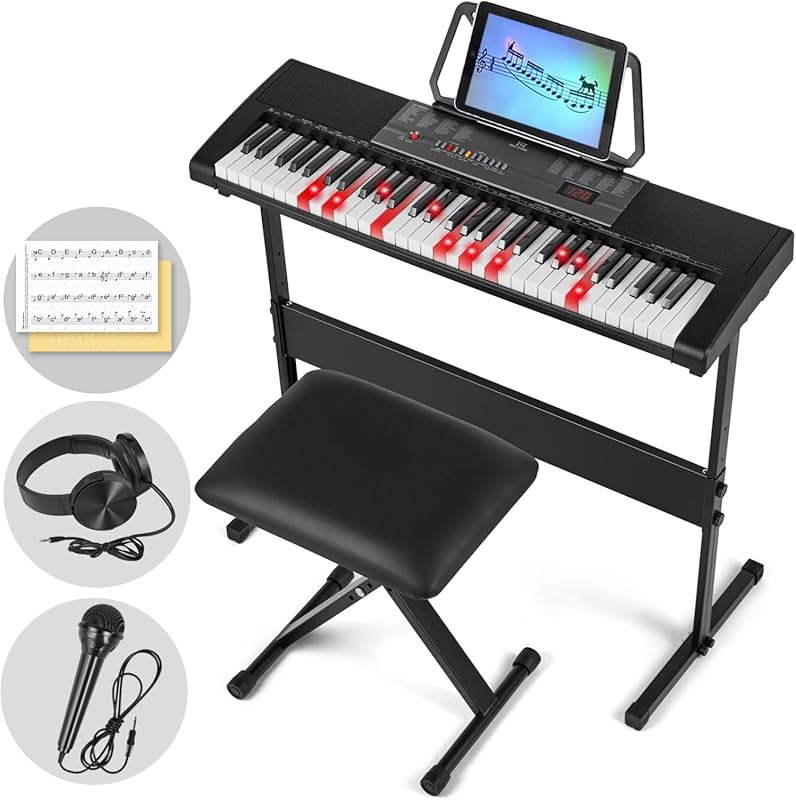 MUSTAR 61-key electric piano with lighted keys, LCD, stand, and microp