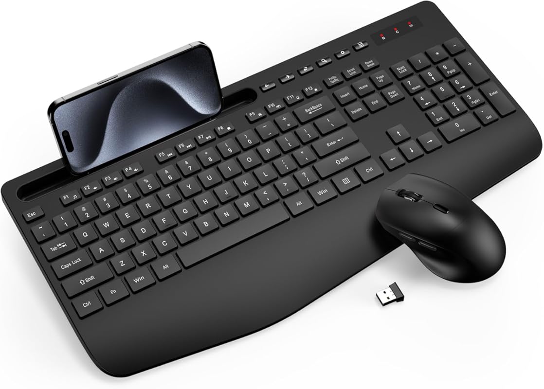 Full-sized wireless keyboard and mouse combo with wrist rest, phone ho