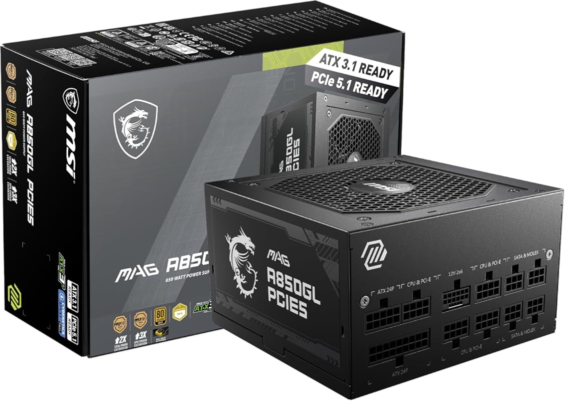 MSI MAG A850GL Fully Modular 850W 80+ Gold PSU ATX 3.1 PCIe 5.1 Ready
