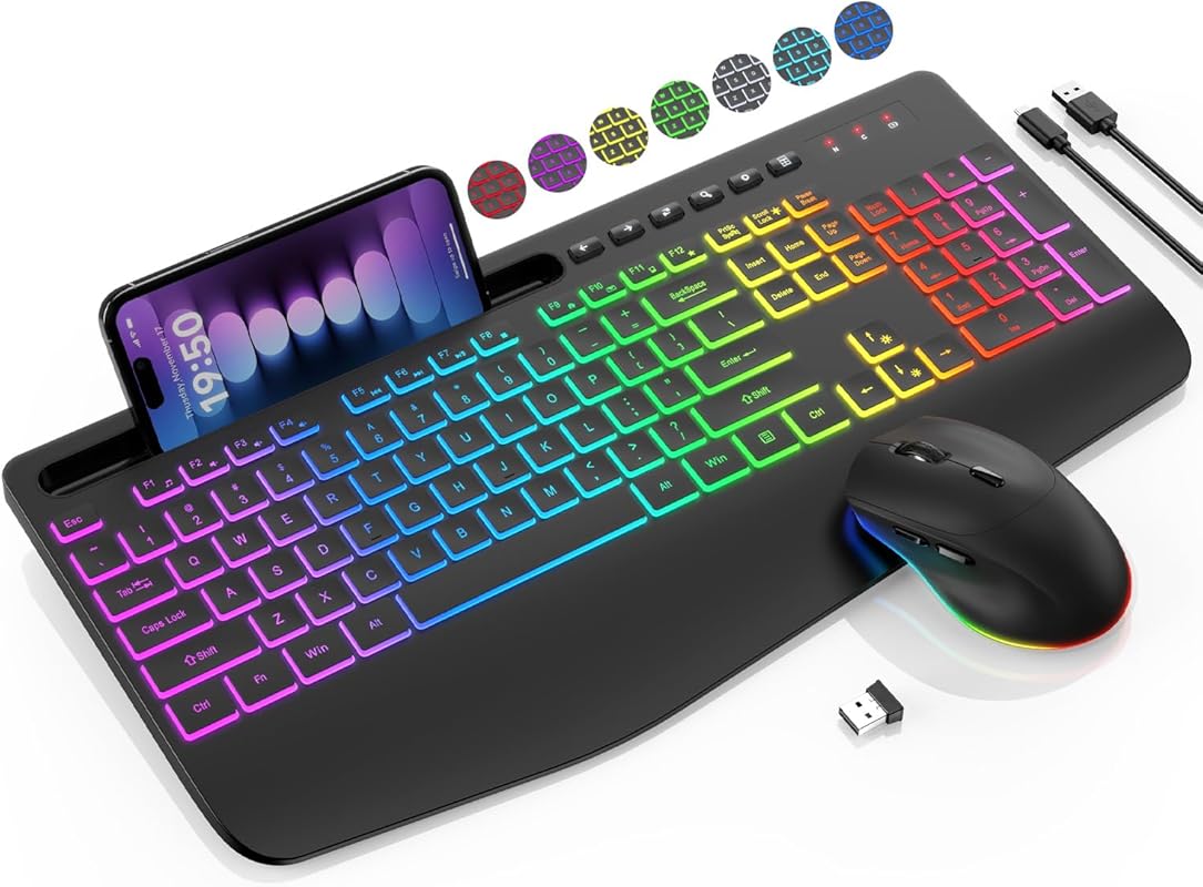 Wireless Keyboard and Mouse Combo with RGB Backlighting, Rechargeable,