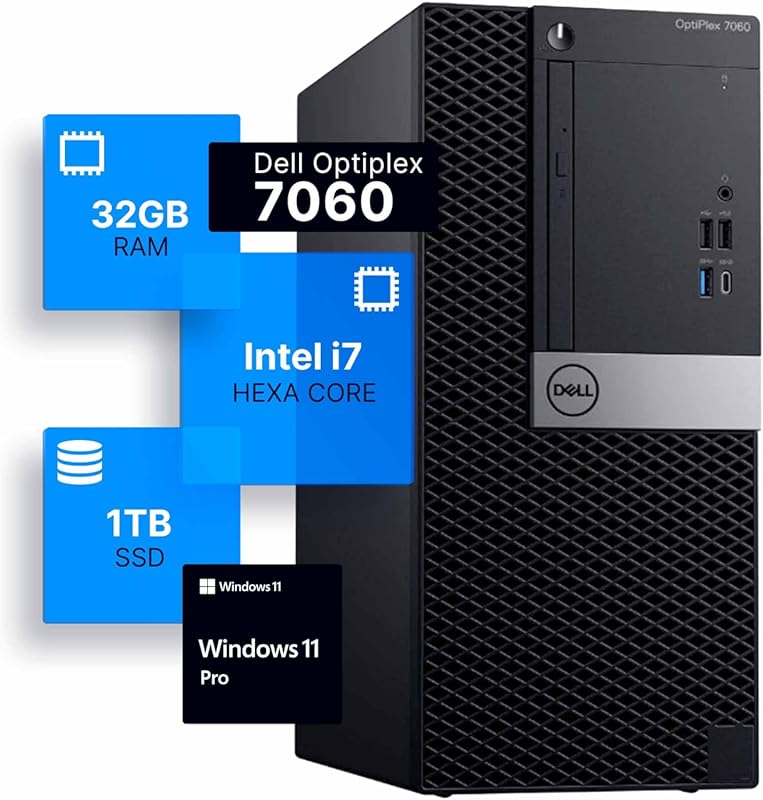 Dell Optiplex 7060 Tower with Intel i7-8700, 32GB RAM, 1TB SSD, and Wi