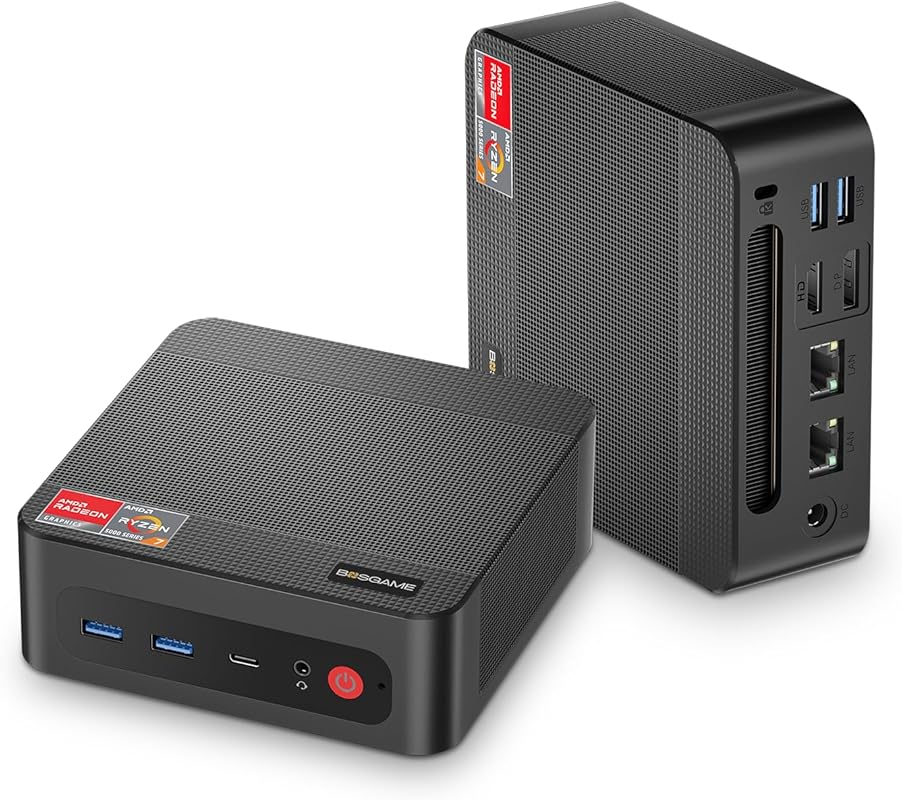 BOSGAME mini PC with Ryzen 7, 32GB RAM, 1TB SSD, and triple 4K display