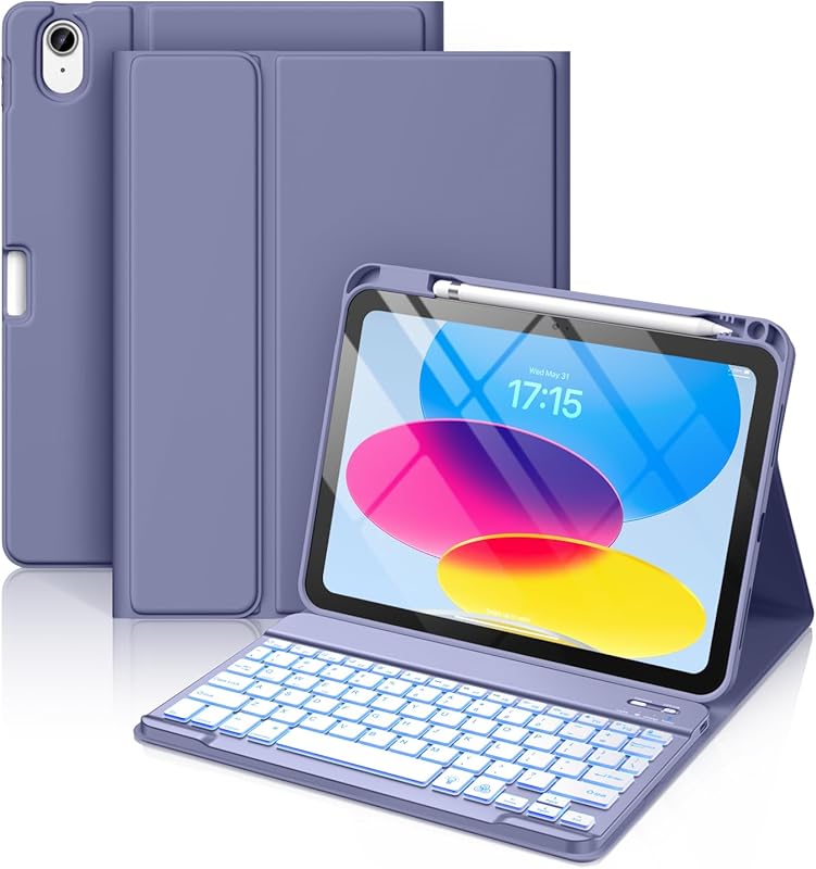 Hamile iPad 11th/10th Gen keyboard case with 7-color backlit detachabl